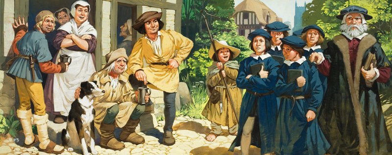 I bambini della scuola e il loro maestro (gouache su carta) da Angus McBride