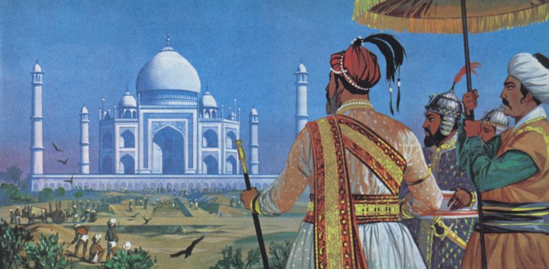 Shan Jahan osserva la costruzione del Taj Mahal (litografia a colori) da Angus McBride