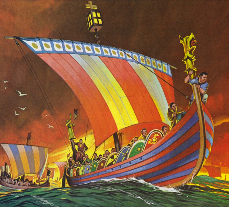 I Normanni attraversano la Manica per Hastings (litografia a colori) da Angus McBride