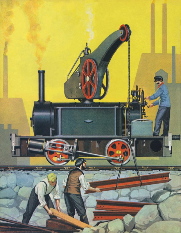 Il motore della gru, costruito a Glasgow nel 1868 e uno dei primi del suo genere (litografia a colori) da Angus McBride