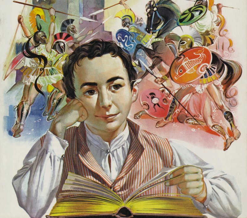 Il giovane Heinrich Schliemann sogna una Troia scomparsa (litografia a colori) da Angus McBride