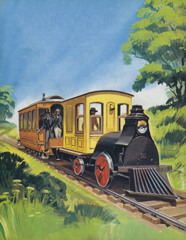 Treno elettrico di Thomas Edisons, costruito nel 1882 (litografia a colori) da Angus McBride