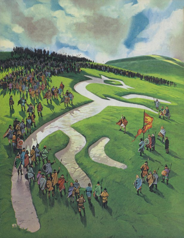 Cavallo bianco di Uffington, costruito da Alfredo il Grande dopo la battaglia di Ashdown contro i danesi (litografia a colori) da Angus McBride