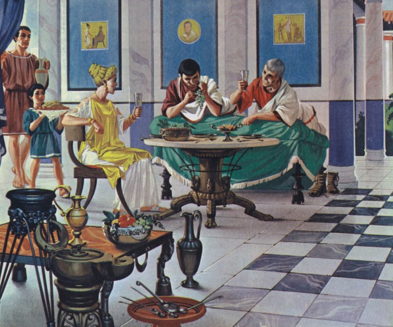 Famiglia romana benestante che consuma un pasto (litografia a colori) da Angus McBride