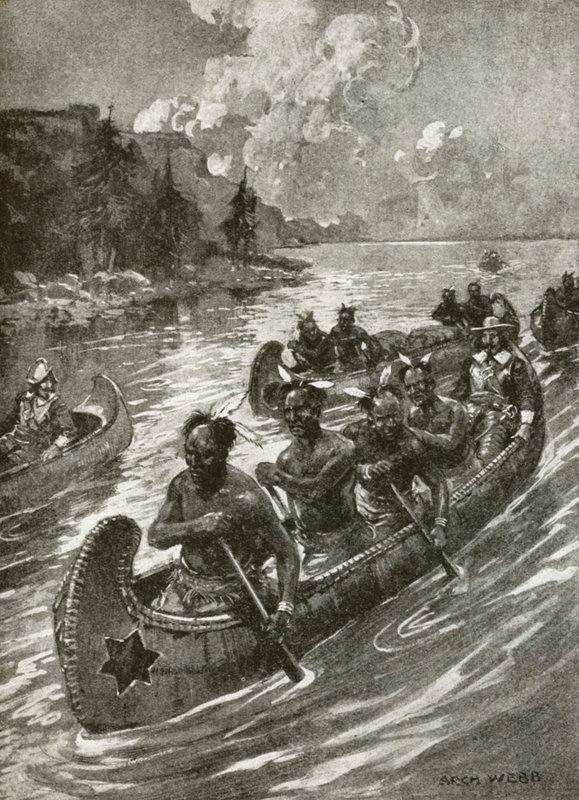 Samuel De Champlain nel 1608 risalendo il fiume San Lorenzo nelle canoe degli indiani d