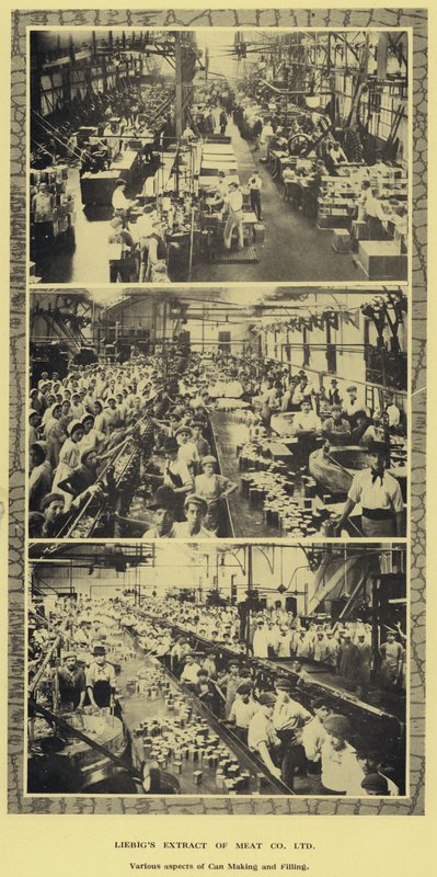 Produzione e riempimento di lattine, fabbrica della Liebig Extract of Meat Company, Ltd, Argentina da Argentinian Photographer