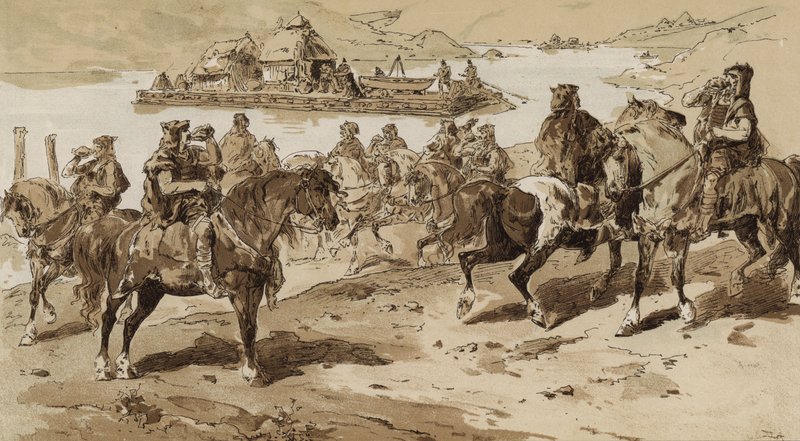 Soffiatori di conchiglie e zattera in tempi primitivi da Armand Jean Heins