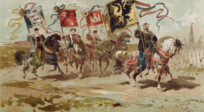 Cavalieri che portano bandiere della Lega Anseatica e alcune delle sue città membro, Paesi Bassi spagnoli, XVI secolo da Armand Jean Heins
