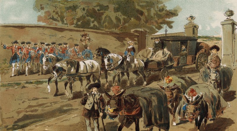 Asini carichi e diligenza, Paesi Bassi austriaci, XVIII secolo da Armand Jean Heins