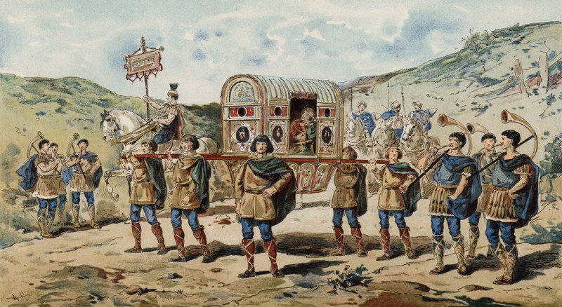 Lettiga con scorta, accompagnata da suonatori di buccina. tempo di Carlo Magno, IX secolo da Armand Jean Heins