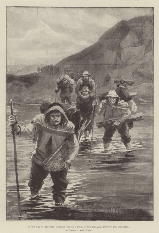 Sulla strada per Klondike, trasportatori che attraversano un fiume sulla rotta terrestre verso i campi d