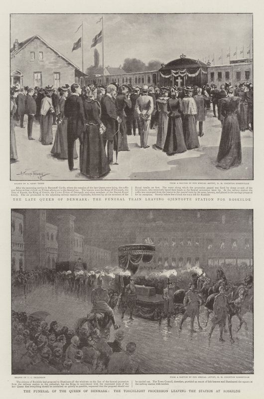 Il funerale della regina di Danimarca, la processione con le torce che lascia la stazione di Roskilde da Arthur Kemp Tebby