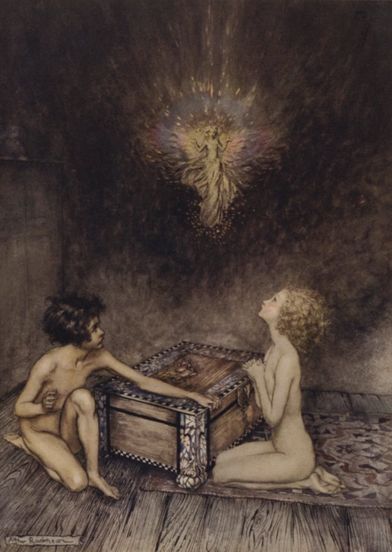 Pandora ed Epimeteo, scena da A Wonder Book, di Nathaniel Hawthorne da Arthur (after) Rackham