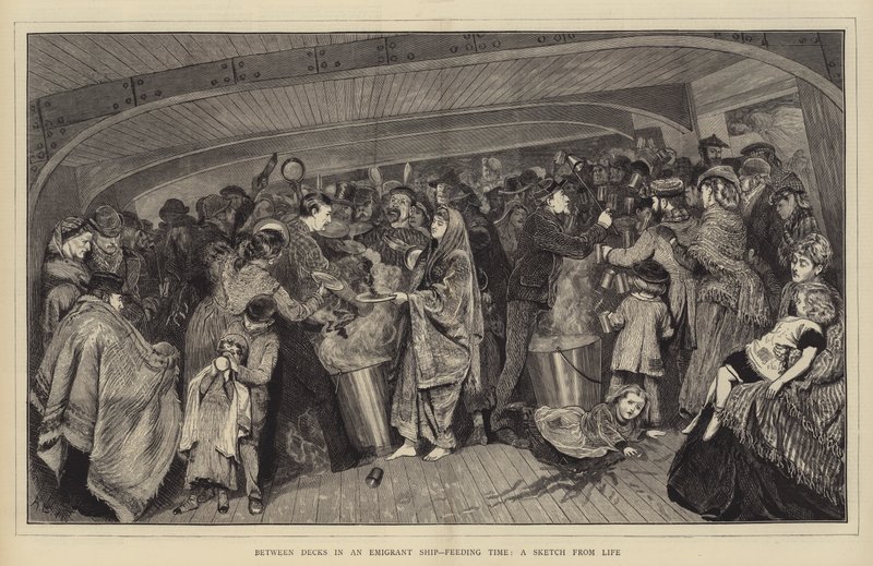 Tra i ponti di una nave di emigranti, ora del pasto, uno schizzo dal vivo da Arthur Boyd Houghton