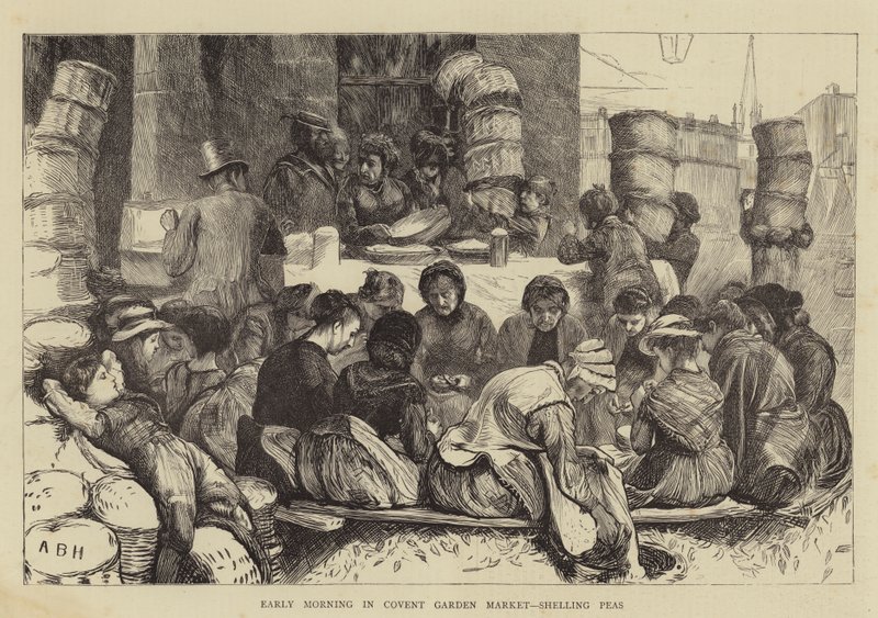 Mattina presto al mercato di Covent Garden, sgranando piselli da Arthur Boyd Houghton