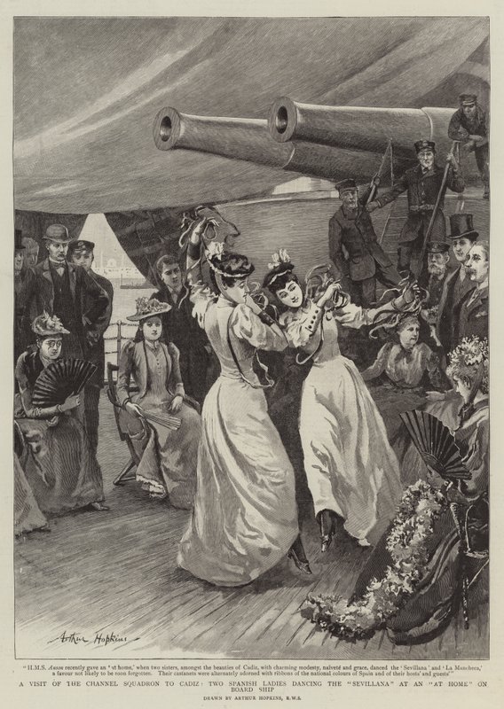 Una visita della squadra del canale a Cadice, due signore spagnole che ballano la Sevillana a bordo della nave da Arthur Hopkins