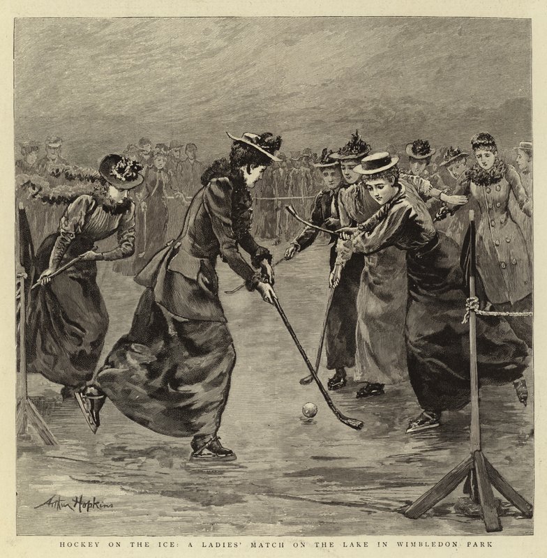 Hockey sul ghiaccio, una partita femminile sul lago nel Wimbledon Park da Arthur Hopkins