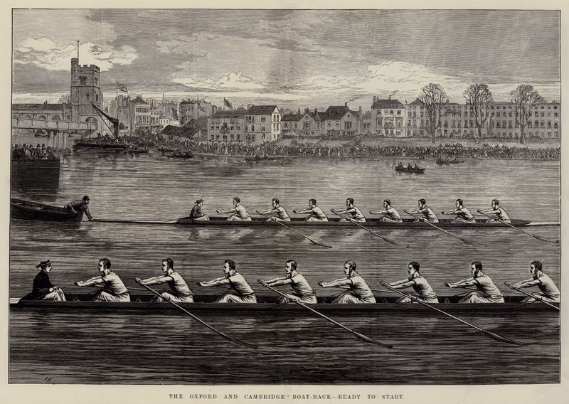 La gara di canottaggio Oxford e Cambridge, pronti per la partenza da Arthur Hopkins