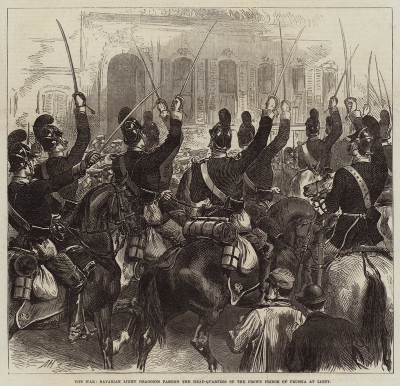 La guerra, Dragoni leggeri bavaresi passano il quartier generale del Principe della Corona di Prussia a Ligny da Arthur Hopkins