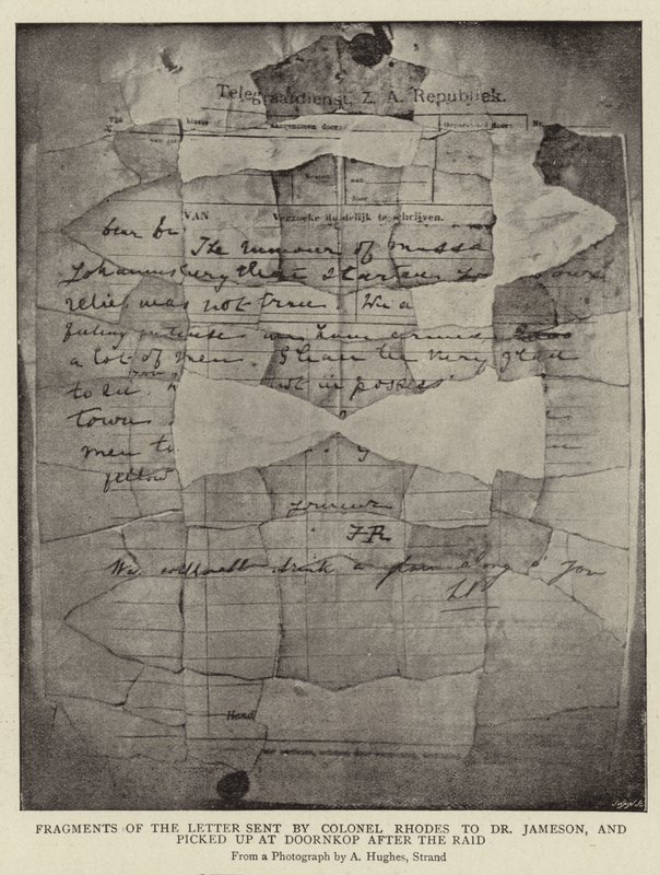 Frammenti della lettera inviata dal colonnello Rhodes al dottor Jameson, raccolti a Doornkop dopo il raid da Arthur Hughes