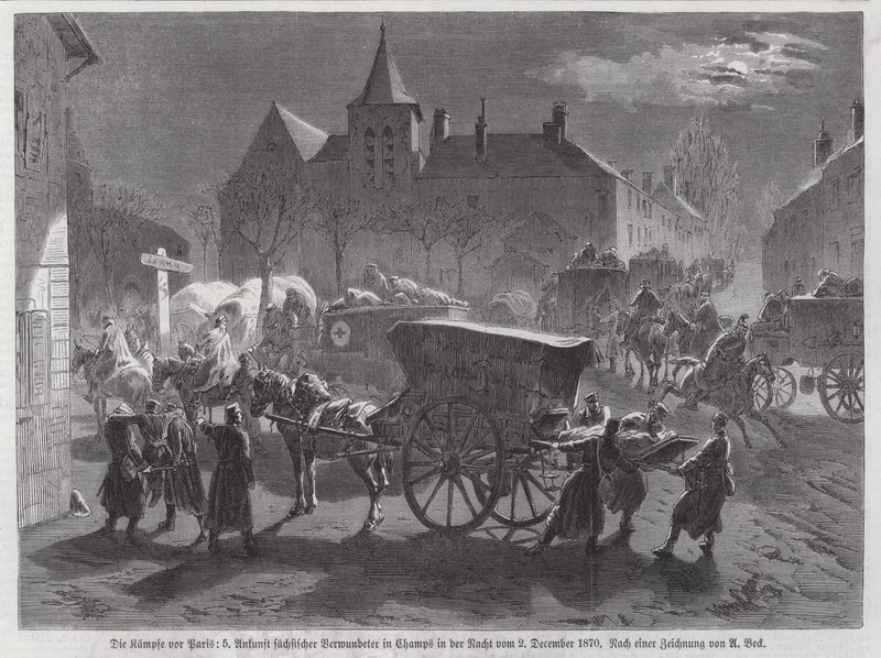 Arrivo dei soldati sassoni feriti nelle battaglie fuori Parigi, Guerra Franco-Prussiana, 2 dicembre 1870 da Augustus J. Beck