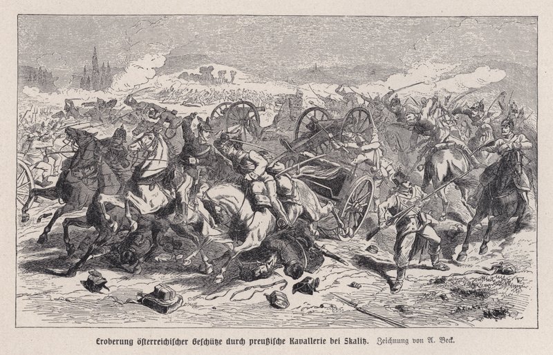 Cannoni austriaci catturati dalla cavalleria prussiana nella Battaglia di Skalitz, Boemia, Guerra austro-prussiana da Augustus J. Beck