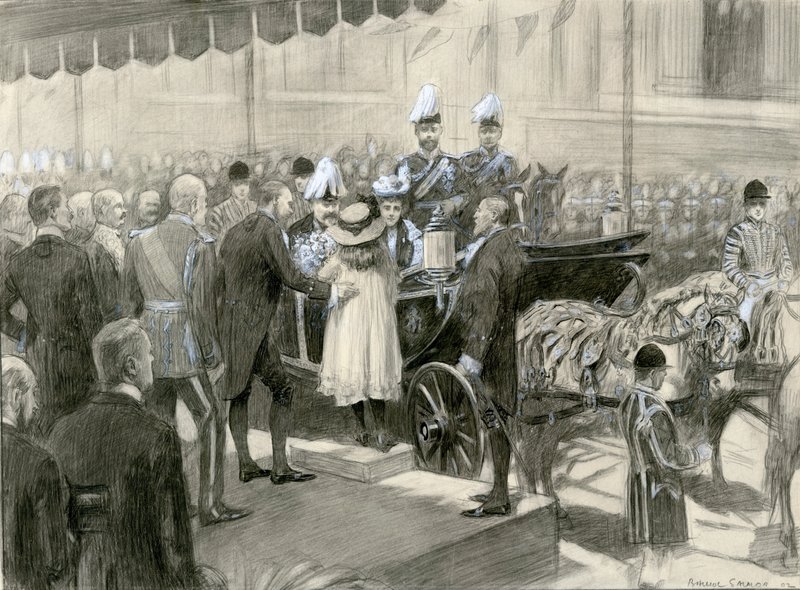 Re Edoardo VII e la Regina Alessandra - Stand del Consiglio della Contea di Londra a Trafalgar Square, 24 ottobre 1902 da Balliol (after) Salmon