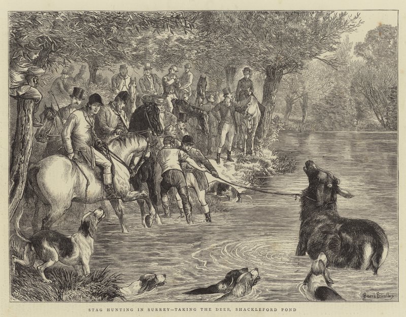 Caccia al Cervo nel Surrey, cattura del Cervo, Shackleford Pond da Basil Bradley