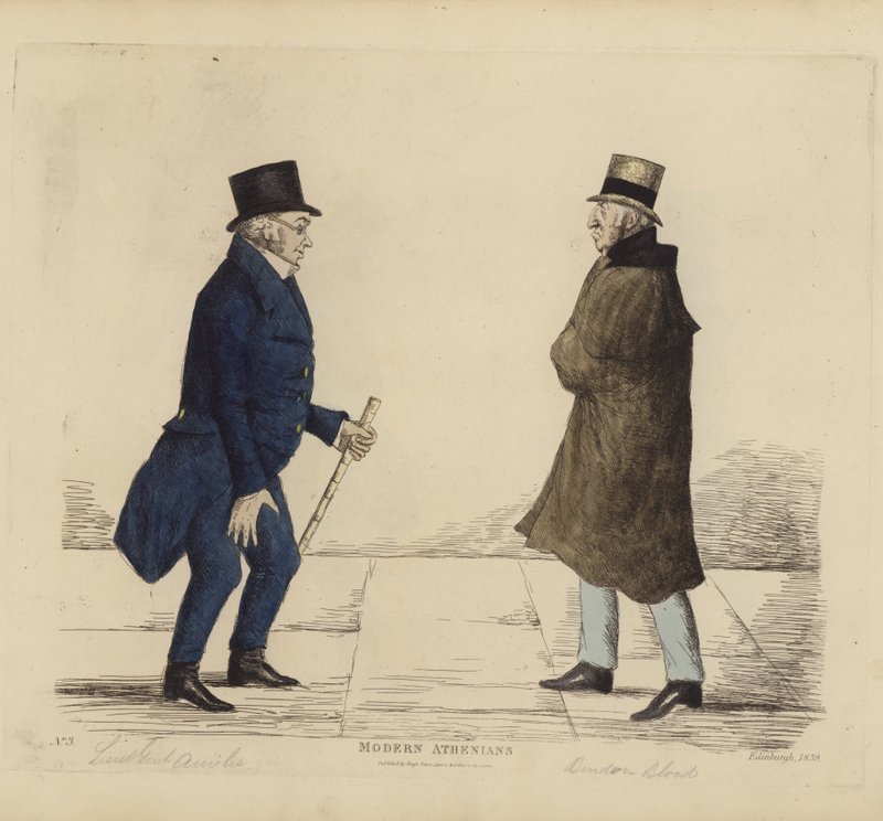 Eminenti Edimburghesi, alias Ateniesi Moderni, Tenente Generale George R Ainslie, Bindon Blood, Esq, di Cranacher (incisione colorata) da Benjamin William Crombie
