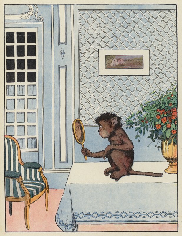 Scimmia che guarda il suo riflesso in uno specchio da Benjamin Rabier
