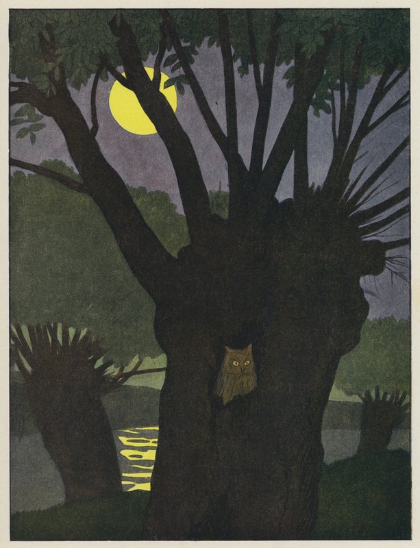 Gufo in un buco in un albero in una notte di luna da Benjamin Rabier