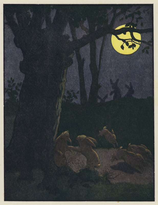 Conigli sotto un albero in una notte di luna da Benjamin Rabier