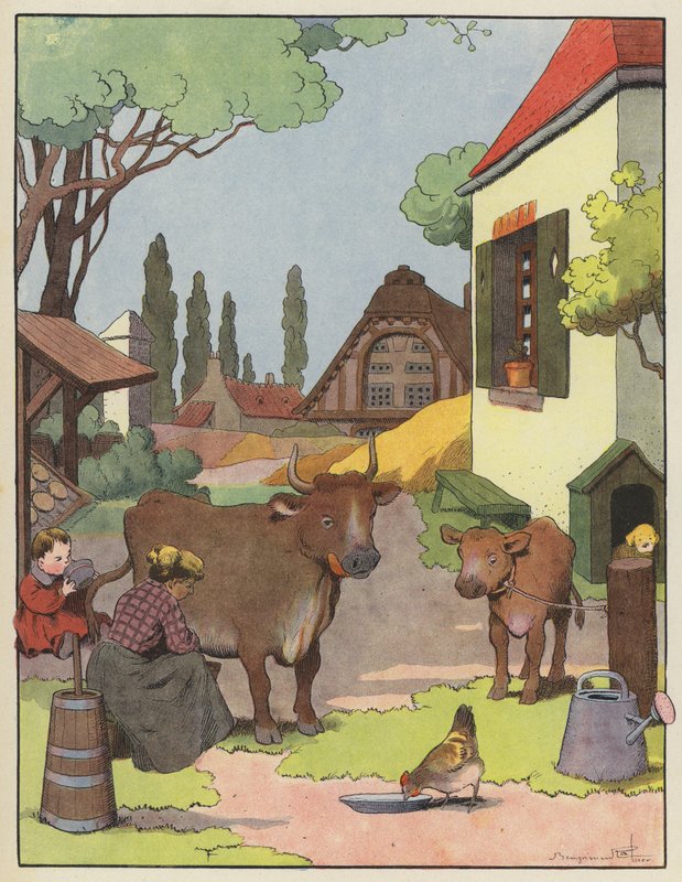 Donna che munge una mucca in un cortile da Benjamin Rabier