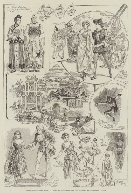 Schizzi di personaggi da Aladdin al Drury-Lane e Cenerentola al Crystal Palace da Bernard Partridge