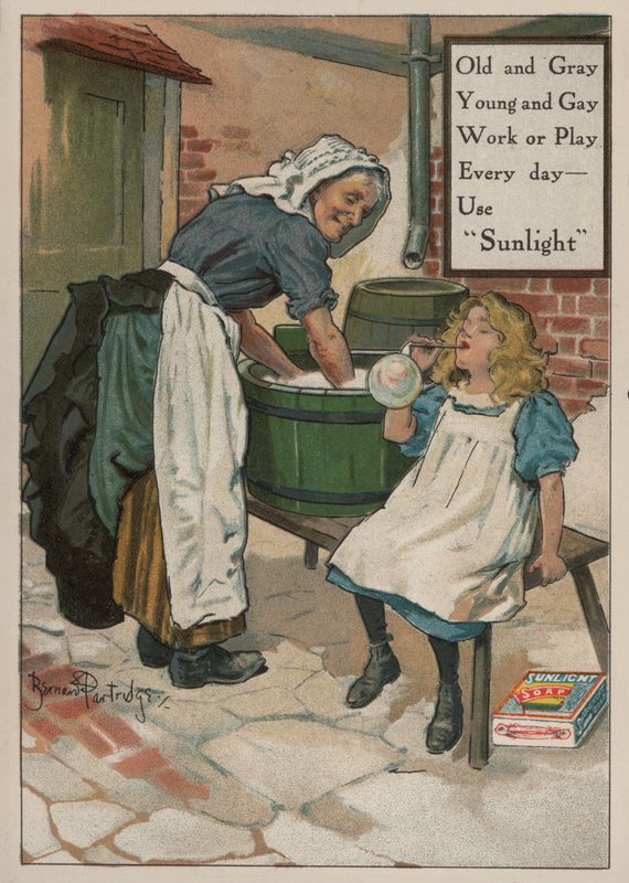 Ragazza che soffia bolle mentre sua nonna fa il bucato: pubblicità per il sapone Sunlight da Bernard Partridge