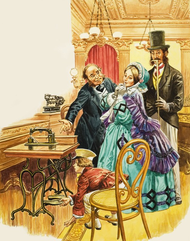 Una signora vittoriana ammira la nuova macchina da cucire a pedale in uno showroom, mentre il marito la guarda (gouache su carta) da C.L. Doughty
