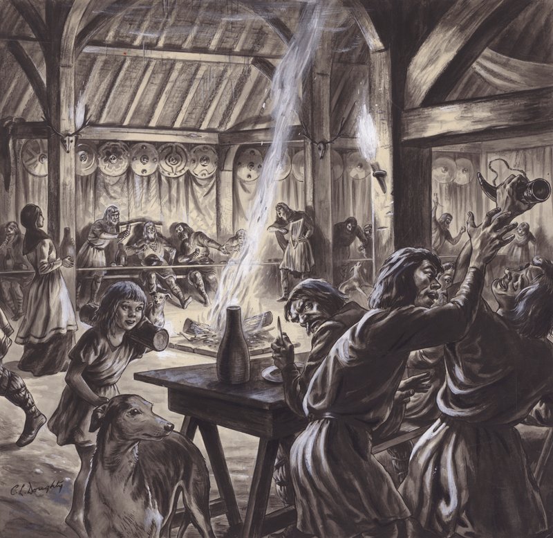 Un banchetto in una sala anglosassone (gouache su carta) da C.L. Doughty