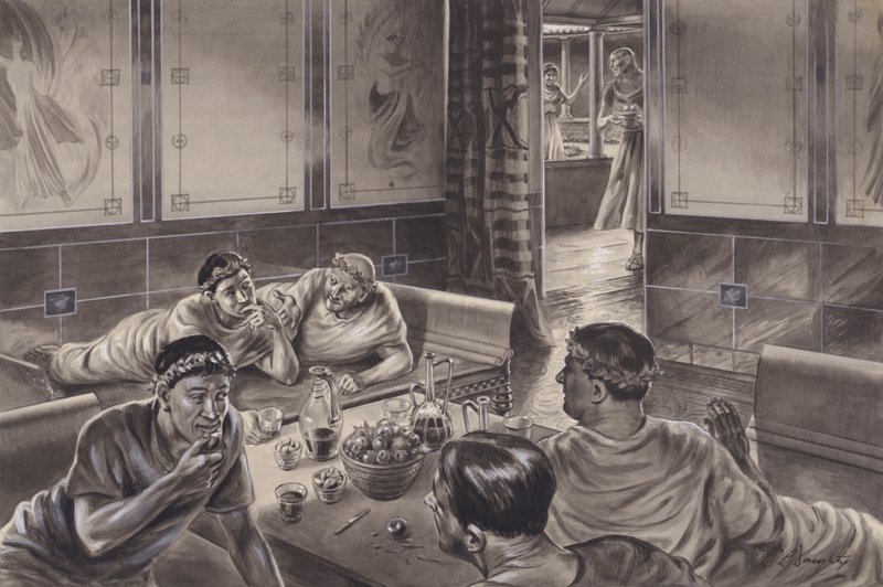 Gli anglo-romani mangiano nel triclinio (gouache su carta) da C.L. Doughty