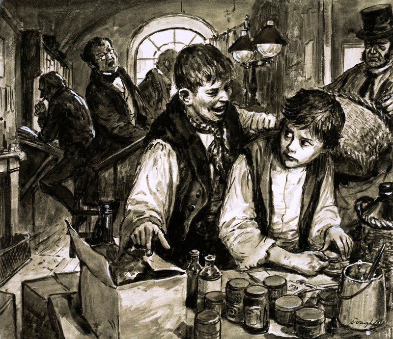 Charles Dickens nella fabbrica di anneritori (gouache su carta) da C.L. Doughty