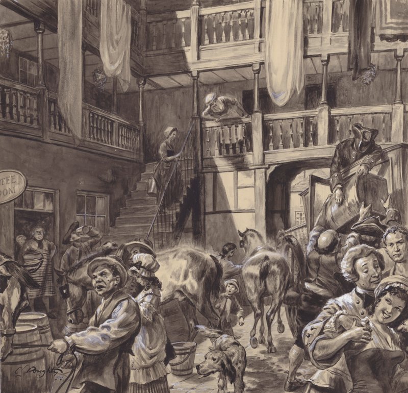 Cortile di una locanda, fine del XVIII secolo (gouache su carta) da C.L. Doughty