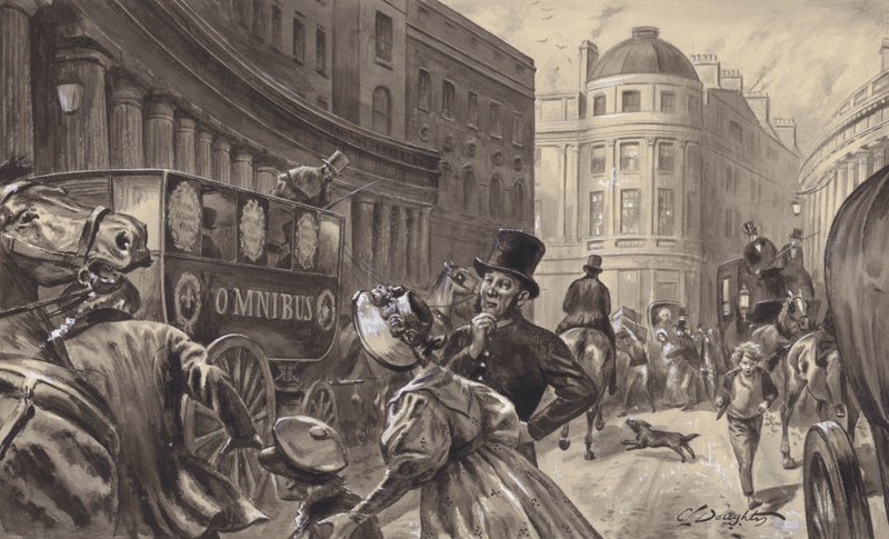 Omnibus a cavallo, Londra (gouache su carta) da C.L. Doughty