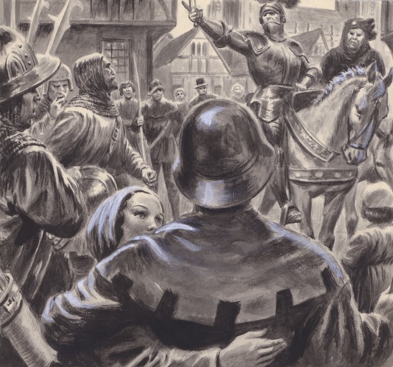 Nobili in lite reclutano eserciti tra gli ex-servizi disoccupati che affluiscono in Inghilterra dopo la fine della Guerra dei Cento Anni nel 1453 (gouache su carta) da C.L. Doughty