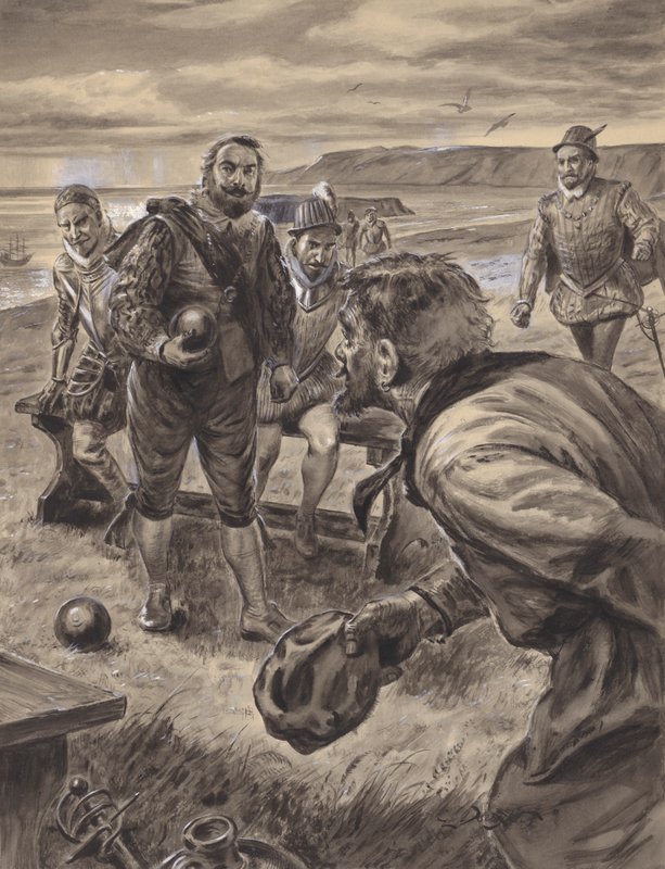 Sir Francis Drake gioca a bocce, ricevendo la notizia dell