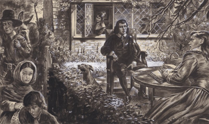 Il poeta John Milton nel suo giardino, con le figlie (gouache su carta) da C.L. Doughty