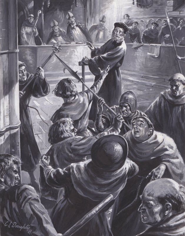 Il processo a John Wyclif, durante il quale la folla cerca di salvarlo (gouache su carta) da C.L. Doughty