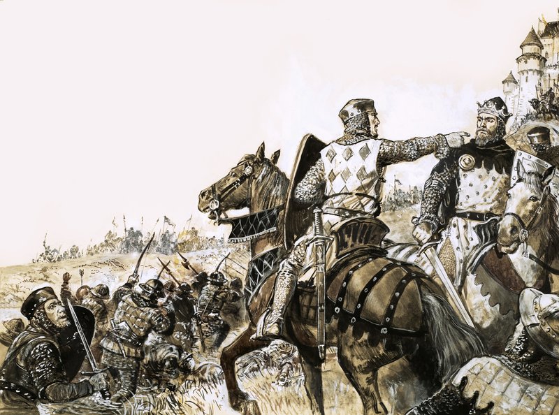 Scena di battaglia non identificata con soldato che indica il Re da C.L. Doughty