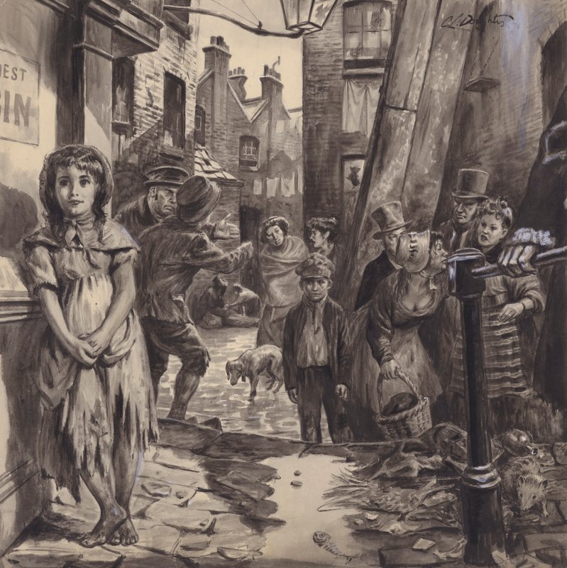 Scena di bassifondi vittoriani (gouache su carta) da C.L. Doughty