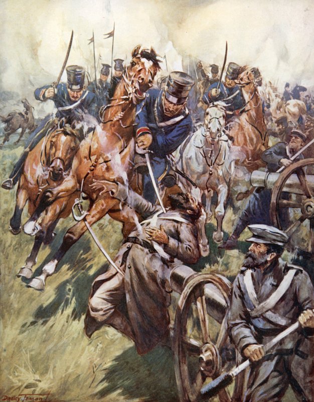 "Cosacco e russo vacillavano dal colpo di sciabola, frantumati e spezzati" (litografia a colori) da C. Dudley Tennant