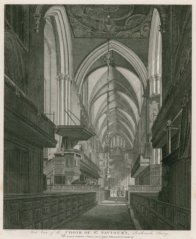 Vista occidentale del coro della chiesa di St Saviour, Southwark, Surrey da C. John Mayle Whichelo