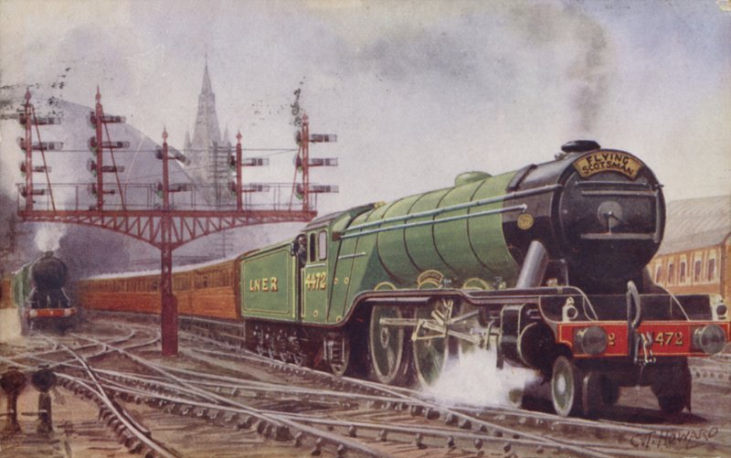 Il treno Flying Scotsman della London and North Eastern Railway che lascia la stazione di Kings Cross, Londra da C. T. Howard